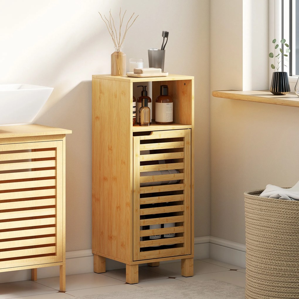 HOMCOM Dulap baie, raft deschis, dulap, lemn de bambus, ușă cu lamele, maro deschis | Aosom Romania