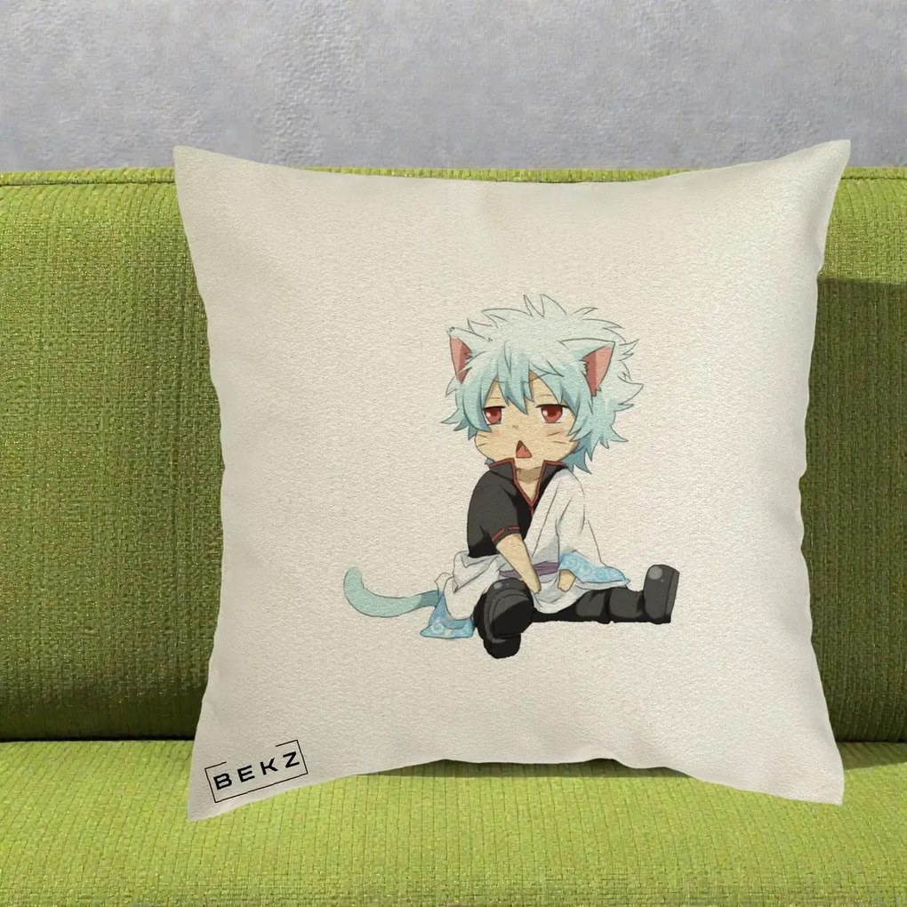 Perna Personalizata Gintama Gintoki Chibi Pisica, 40x40 cm, Ecru, Husa Detasabila, Perna Inclusa, BEKZ®