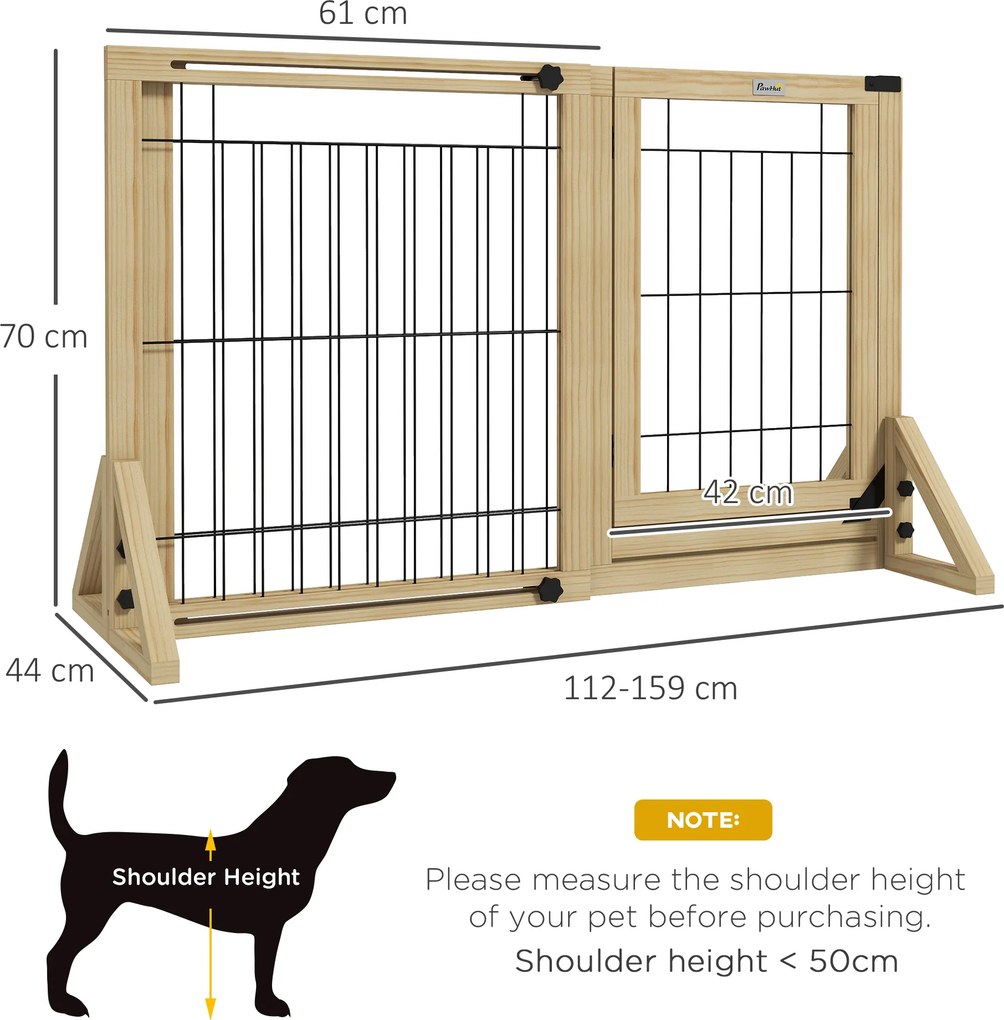 PawHut Gard Extensibil pentru Câini, Gard de Siguranță pentru Animale cu Ușă și 2 Panouri, Picioare Triangulare, 112-159x70 cm, Lemn Natural | Aosom Romania