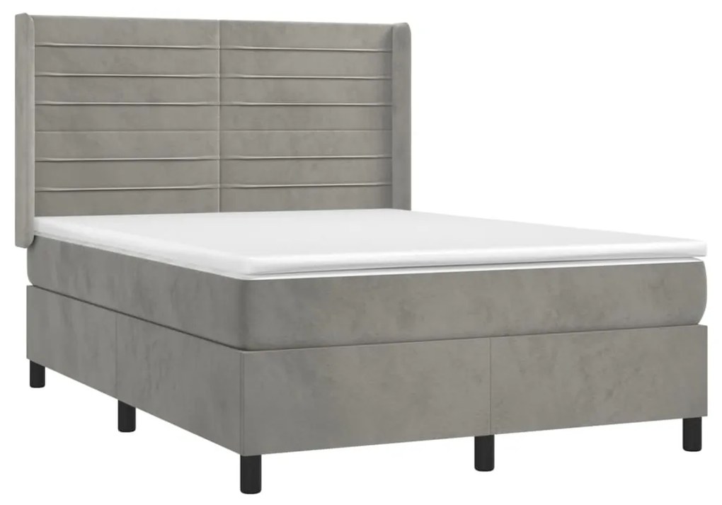 Pat box spring cu saltea, gri deschis, 140x190 cm, catifea Gri deschis, 140 x 190 cm, Benzi orizontale