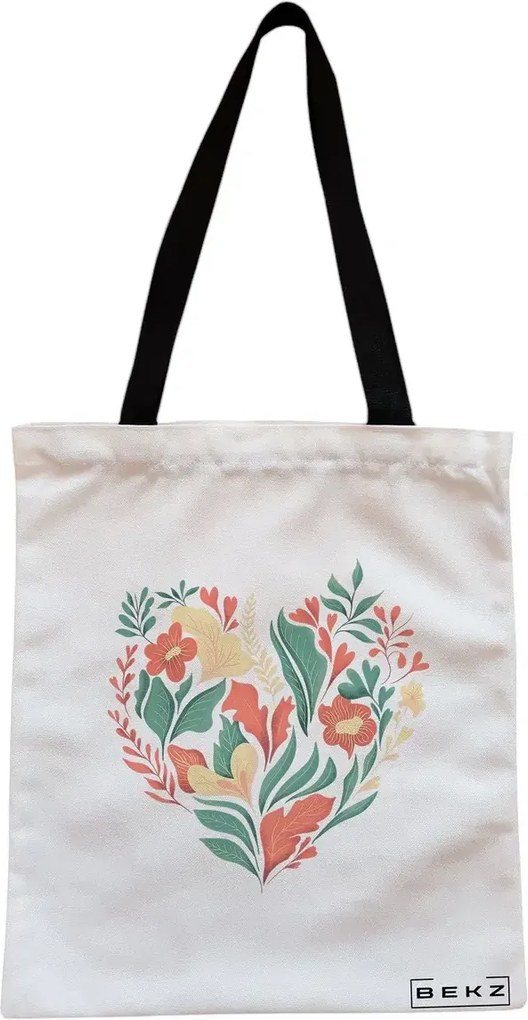 Sacosa de Panza pentru Cumparaturi, Geanta Tote, model Inima Florala, Cu fermoar, 38x34.5 cm, Alba, BEKZ®