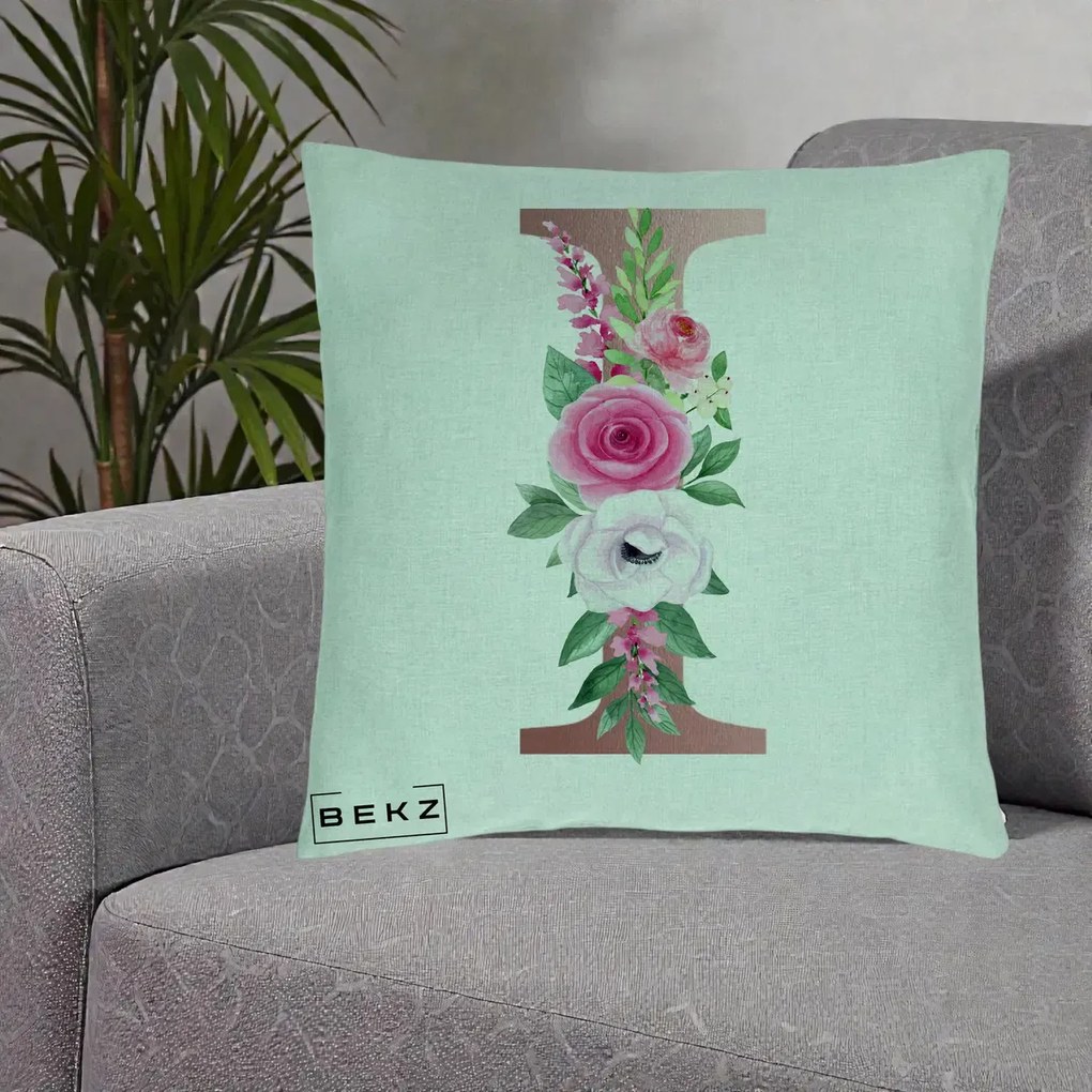 Cadou Personalizat - Perna Personalizata Monograma Rose Gold Litera I, 40x40 cm, Verde Menta, Husa Detasabila, Perna Inclusa, BEKZ®