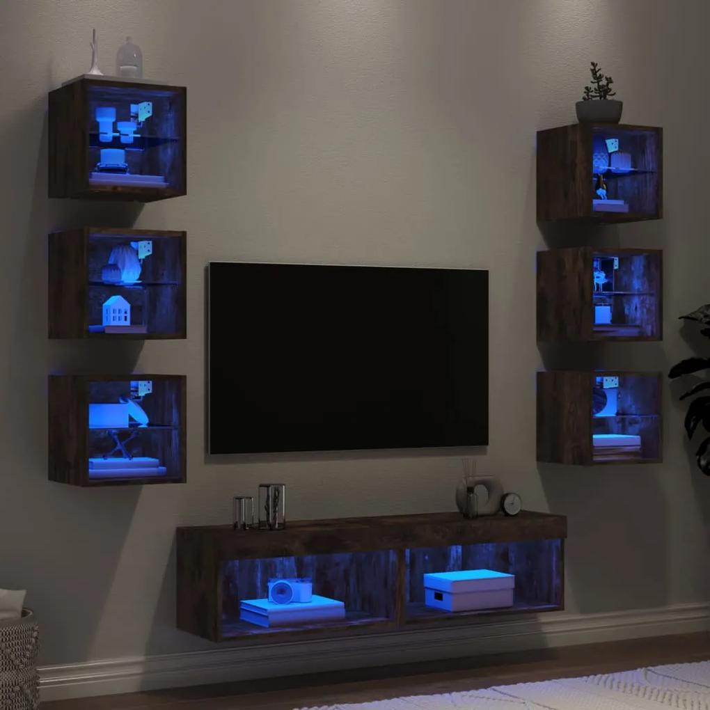 Unitati de perete TV cu LED-uri, 8 piese, stejar fumuriu, lemn