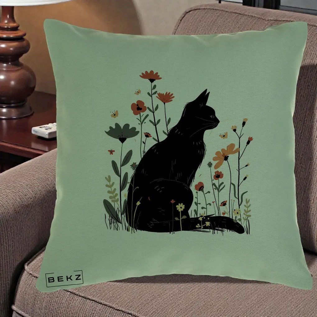 Perna Decorativa Pisica Neagra Profil Flori Portocalii, 40x40 cm, Verde, Husa Detasabila, Perna Inclusa, BEKZ®