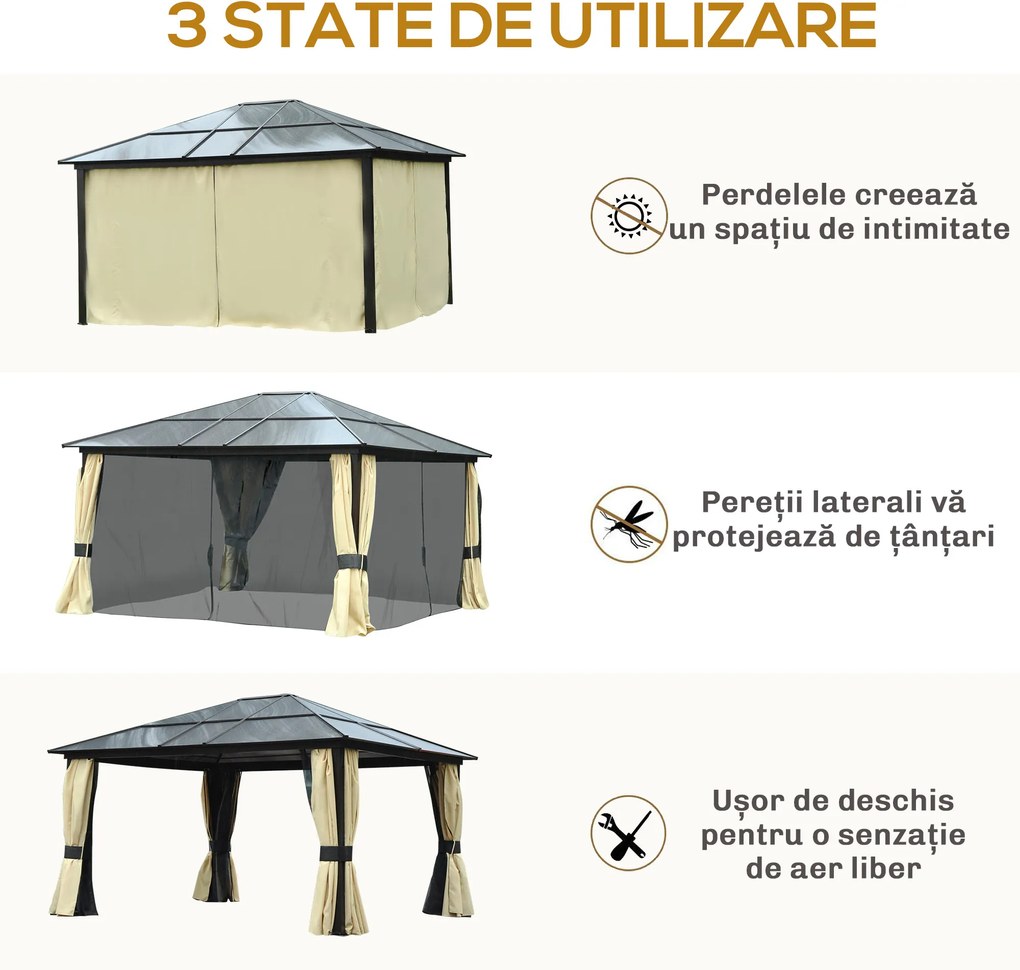 Outsunny Pavilion de grădină Hardtop 4.2 x 3.6 m, Draperii cu plasă împotriva insectelor, Structură din aluminiu, Maro+Crem | Aosom Romania