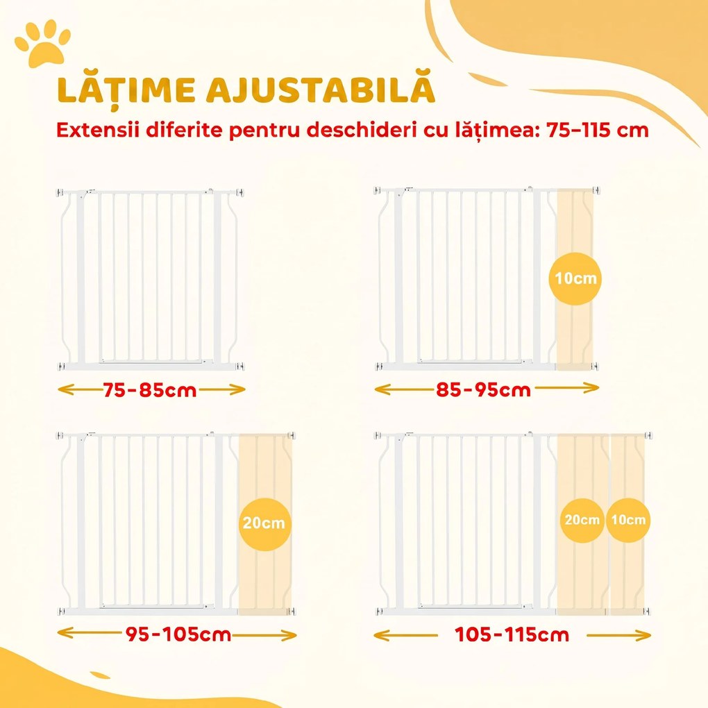 PawHut Poartă de Siguranță pentru Câini din Oțel și ABS, Poartă Extensibilă pentru Câini pentru Scări și Uși, 75-115 cm, Alb