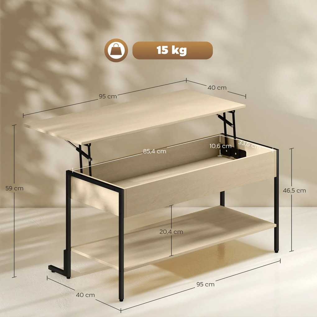 HOMCOM Masă de cafea cu blat extensibil, masă de cafea cu compartiment ascuns și raft deschis, 95x40x59cm, lemn natural | Aosom Romania