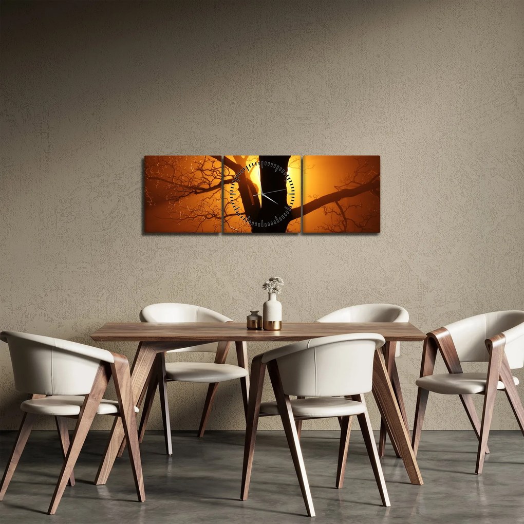 Tablou cu copac în apus de soare (cu ceas) (90x30 cm)