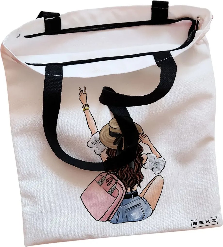 Sacosa de Panza pentru Cumparaturi, Geanta Tote, Travel Girl 9, Cu fermoar, 38x34.5 cm, Alba, BEKZ®