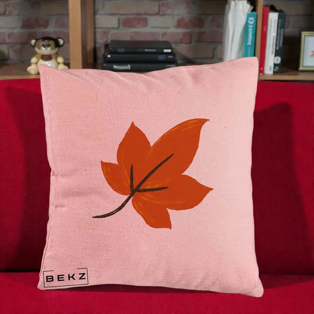 Perna Decorativa Frunza de Toamna Portocalie, 40x40 cm, Roz, Husa Detasabila, Perna Inclusa, BEKZ®