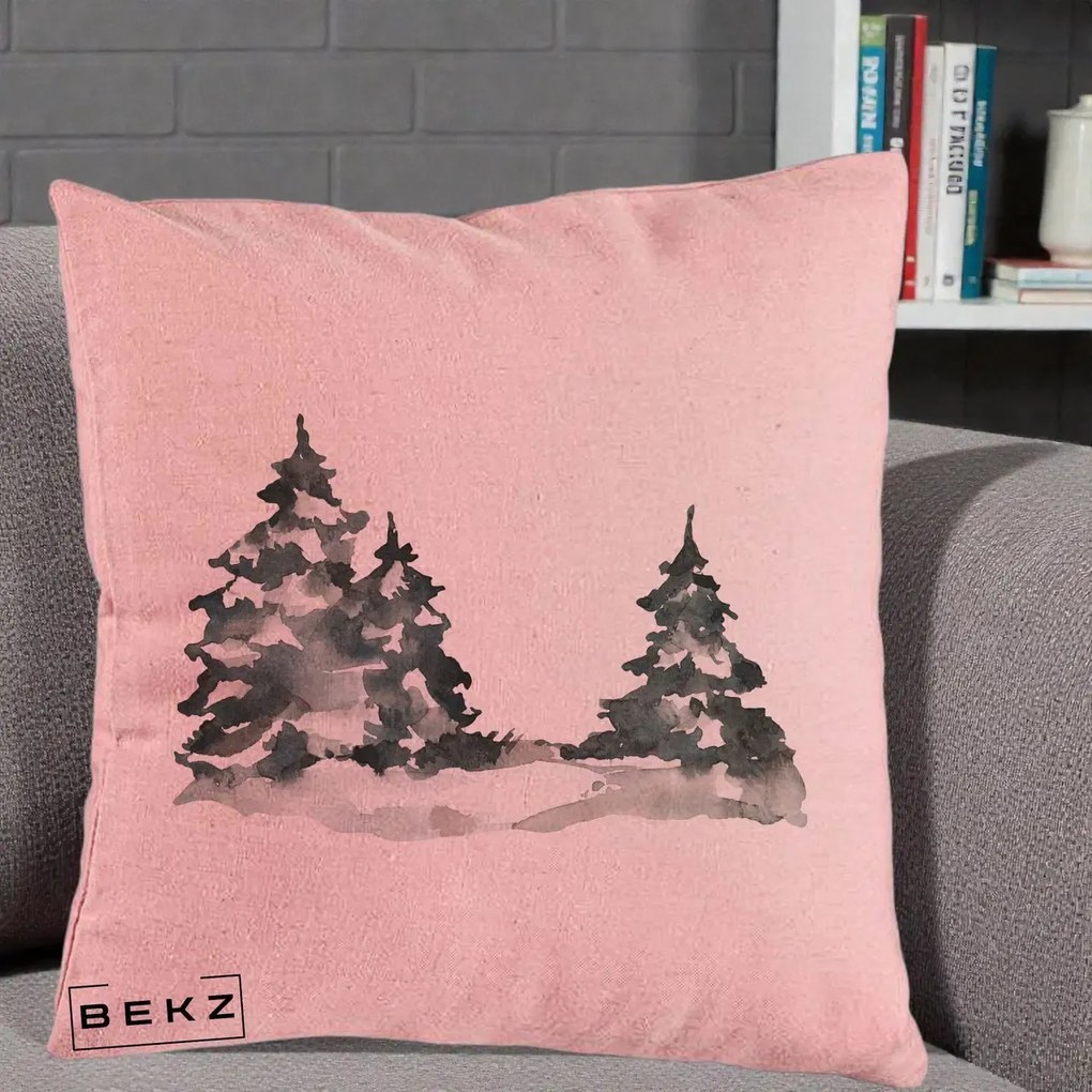 Perna Decorativa Brazi Inzapeziti Acuarela, 40x40 cm, Roz, Husa Detasabila, Perna Inclusa, BEKZ®