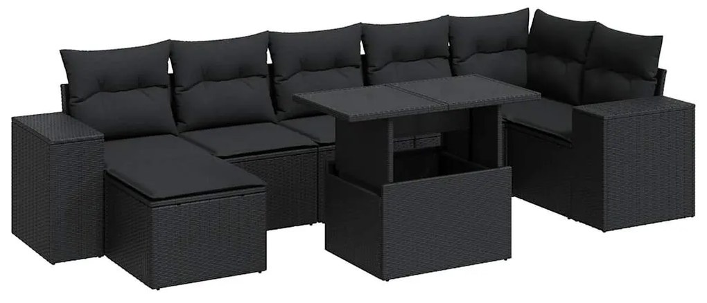 3326836 vidaXL Set mobilier de grădină cu perne, 8 piese, negru, poliratan