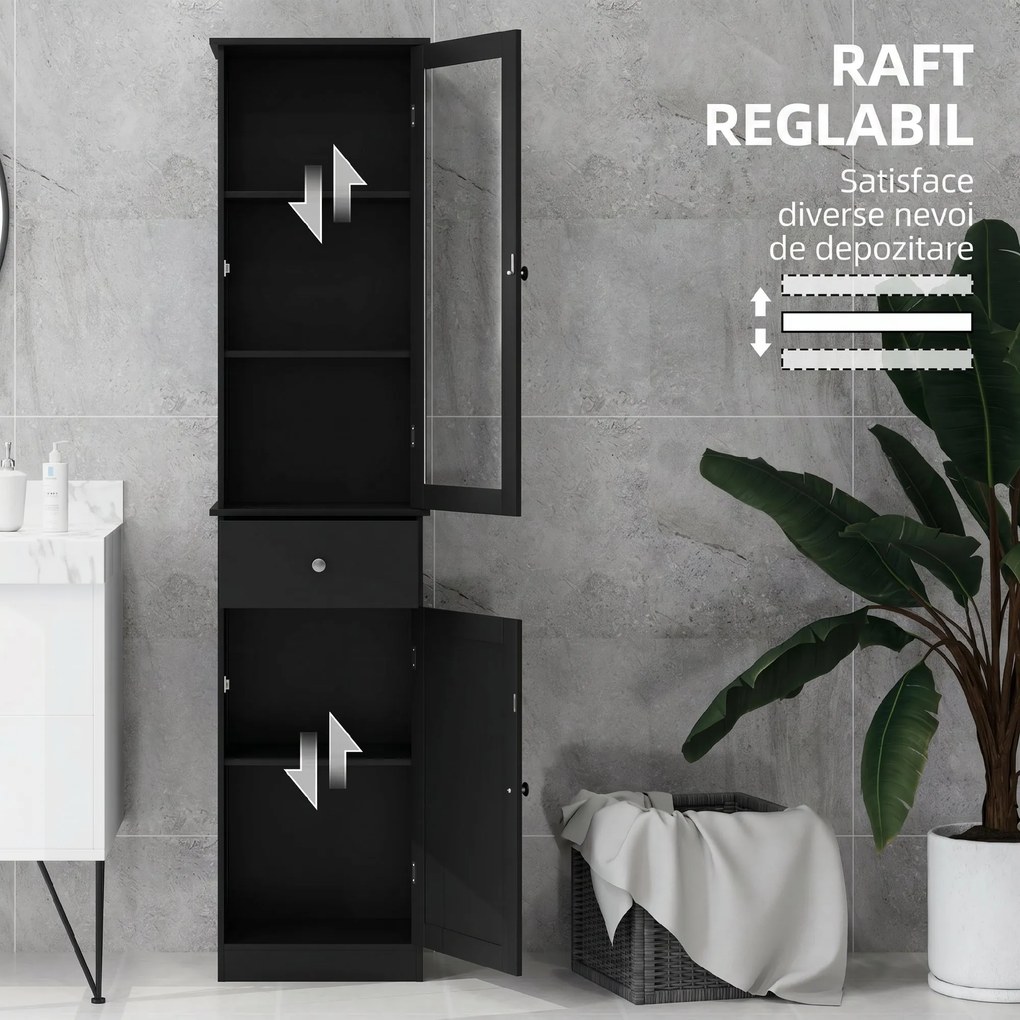 Kleankin Coloană de Baie Îngustă cu Dulap, Sertar și Rafturi din MDF, 40 x 27 x 171,5 Cm, Negru | Aosom Romania