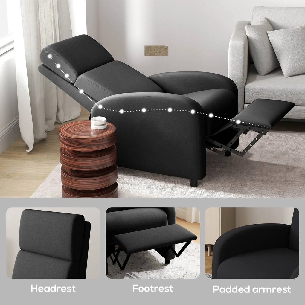 HOMCOM Fotoliu Relax Rabatabil Manual 160° cu Suport pentru Picioare, Fotoliu Ergonomic Tapițat cu Aspect de In pentru Dormitor, Birou, Living și Sufragerie, Negru | Aosom Romania