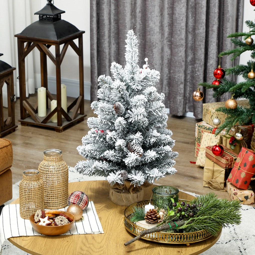 HOMCOM Brad de Crăciun Mic Înalt de 61 cm cu 72 de Ramuri Înzăpezite, Conuri și Boabe Roșii, Verde | Aosom Romania