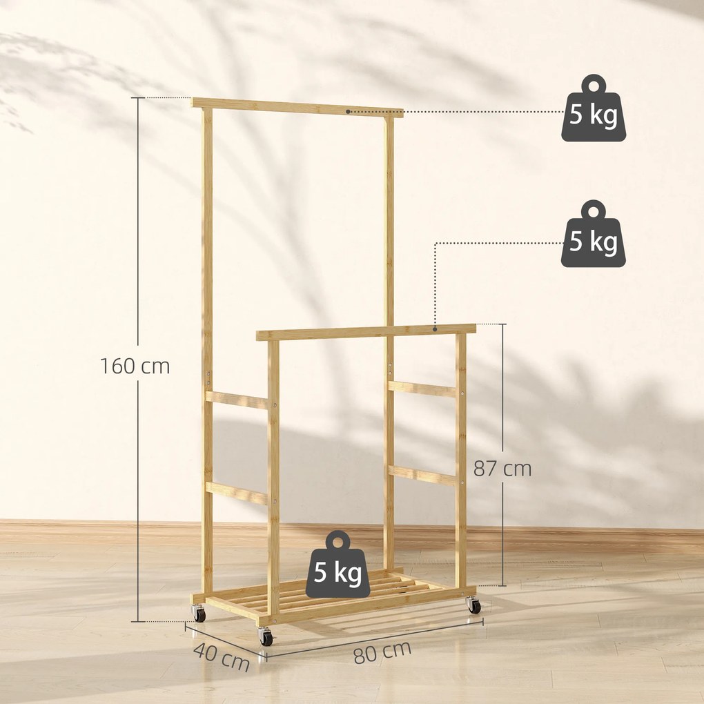 HOMCOM Suport pentru haine cu 2 bare, raft inferior și 4 roți din bambus, 80x40x160 cm, lemn natural | Aosom Romania