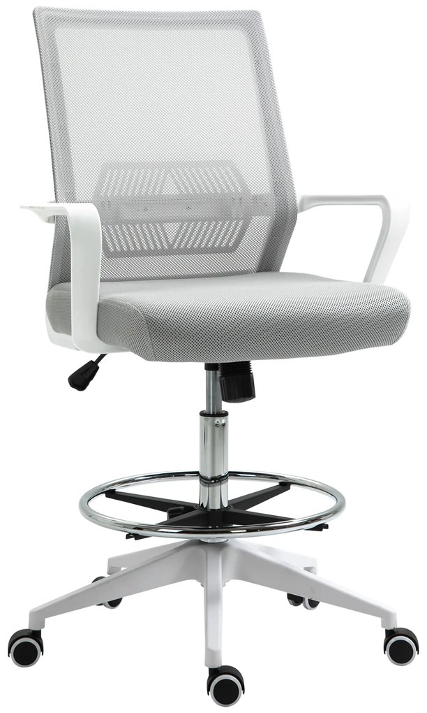 Vinsetto Scaun birou cu șezut înalt reglabil, pivotant 360°, plasă respirabilă, gri/alb, 64x59x104-124 cm | Aosom Romania