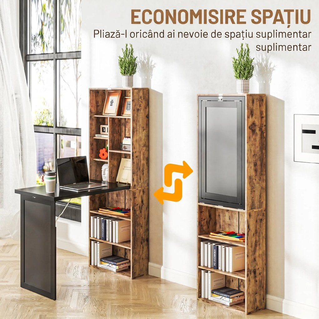 HOMCOM Birou Modern Pliabil cu Bibliotecă și Tablă, din Lemn și Metal, 98x51x153 cm, Maro Rustic | Aosom Romania