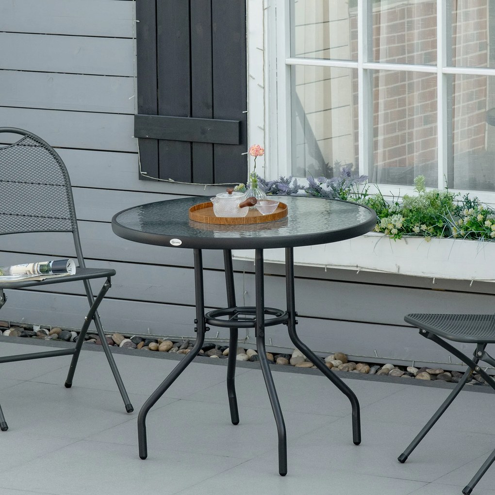 Outsunny Masă de Grădină Rotundă 80 cm cu Orificiu pentru Umbrelă, Masă de Cafea pentru Exterior cu Blat din Sticlă Temperată, Cadru Metalic, pentru Terasă, Balcon, Negru | Aosom Romania