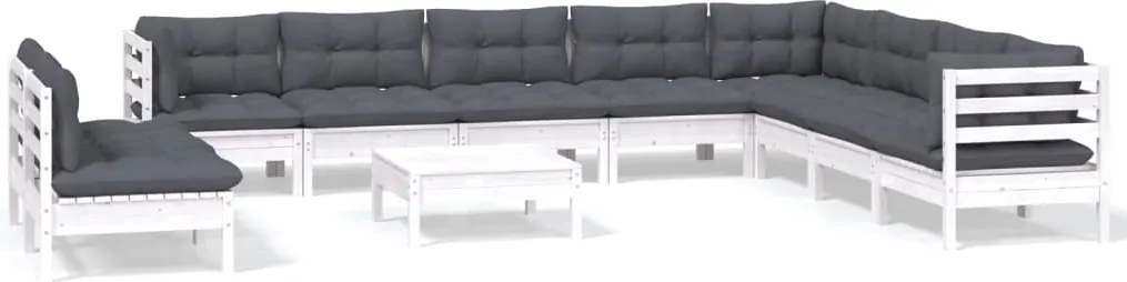 vidaXL Set mobilier grădină cu perne, 11 piese, alb, lemn masiv pin