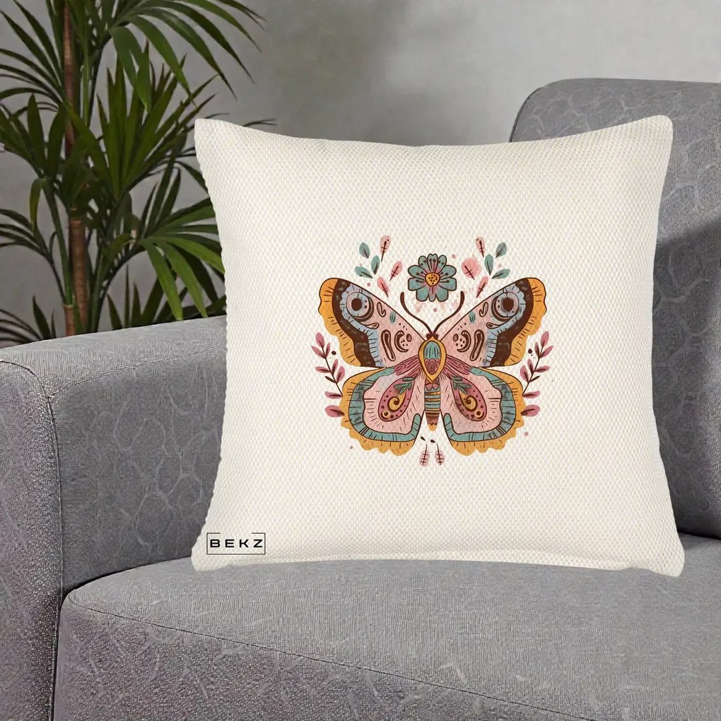 Perna Decorativa Fluture Boho Floral, 40x40 cm, Crem Reliefat, Husa Detasabila, Perna Inclusa, BEKZ®