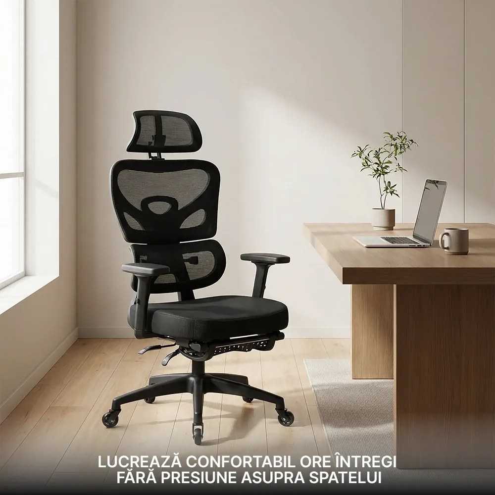 Scaun ergonomic, cotiere 3D, suport lombar adaptiv, spătar reglabil pe inaltime, tetiera 3D, suport pentru picioare, pivotant, Mesh, Negru