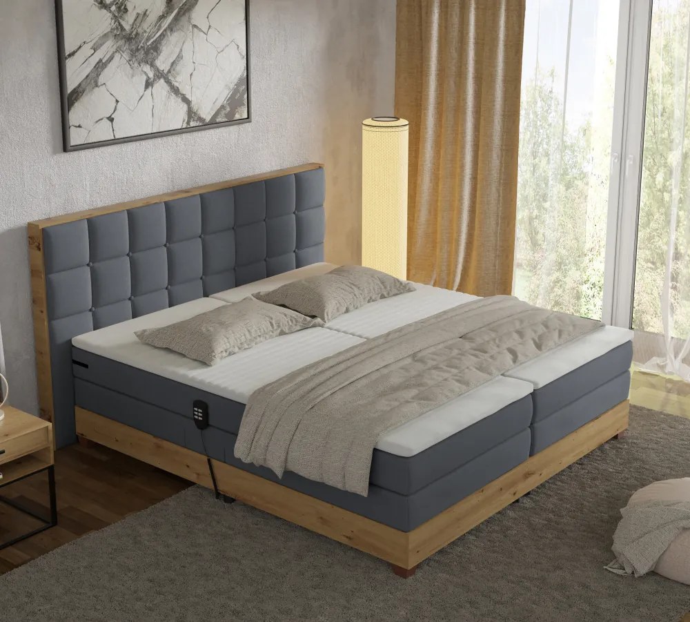 Pat electric reglabil, boxspring, gri închis/stejar artizanal, 180x200, TIANA