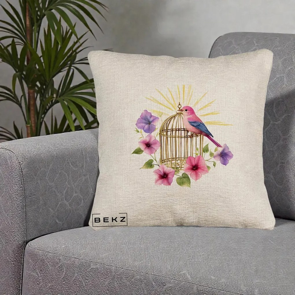 Perna Decorativa Pasare Roz pe Colivie Aurie cu Flori, 40x40 cm, Bej Canapea, Husa Detasabila, Perna Inclusa, BEKZ®