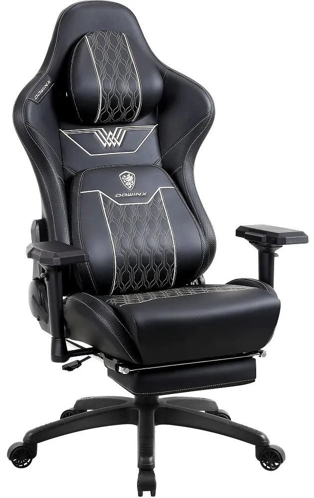 DOWINX Scaun gaming, ergonomic, spătar înalt, tetiera confortabilă, suport lombar, cotiere 4D, suport picioare, rezistent 150 kg, piele PU, Negru