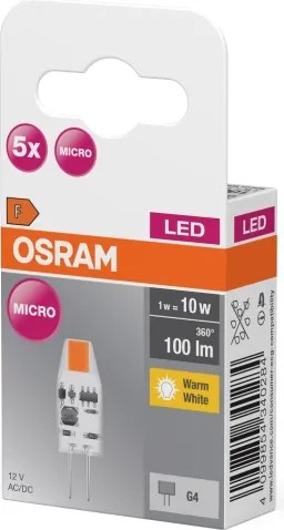 Set de 5 becuri LED micro cu pini G4, 1W, 12V, 2700K - Osram