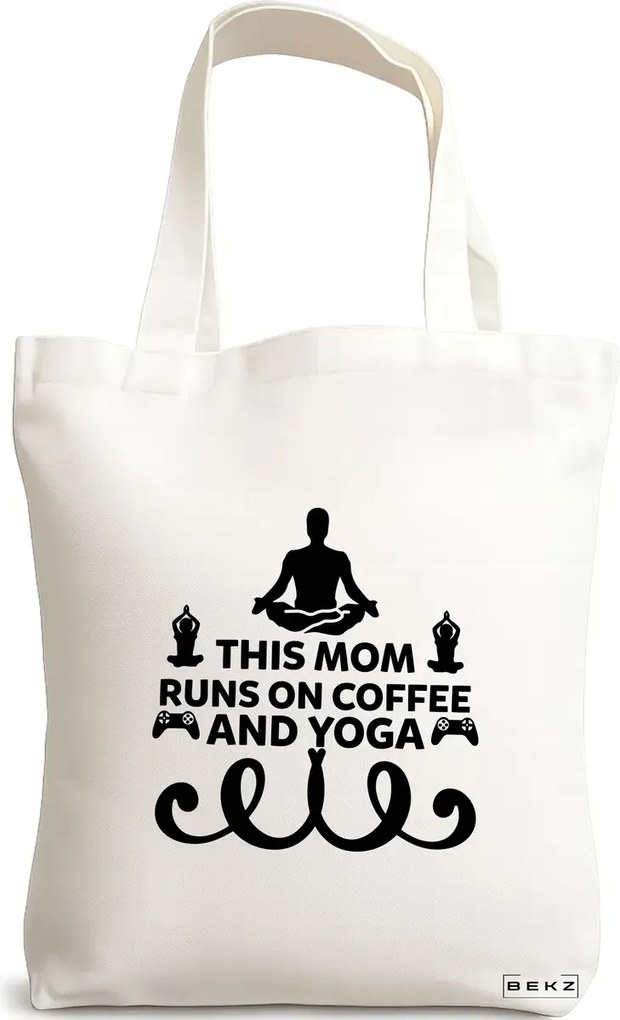 Sacosa de Panza pentru Cumparaturi, Geanta Tote Yoga This MOM runs on coffe and yoga, 38x34.5 cm, Alba, BEKZ®