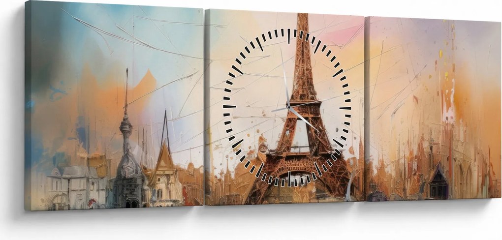 Tablou - Pictură a Turnului Eiffel (cu ceas) (90x30 cm)
