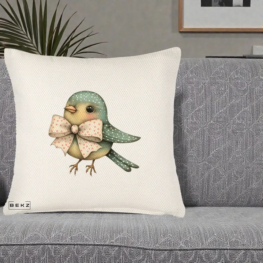 Perna Decorativa Pasare Teal cu Fundita cu Buline, 40x40 cm, Crem Reliefat, Husa Detasabila, Perna Inclusa, BEKZ®