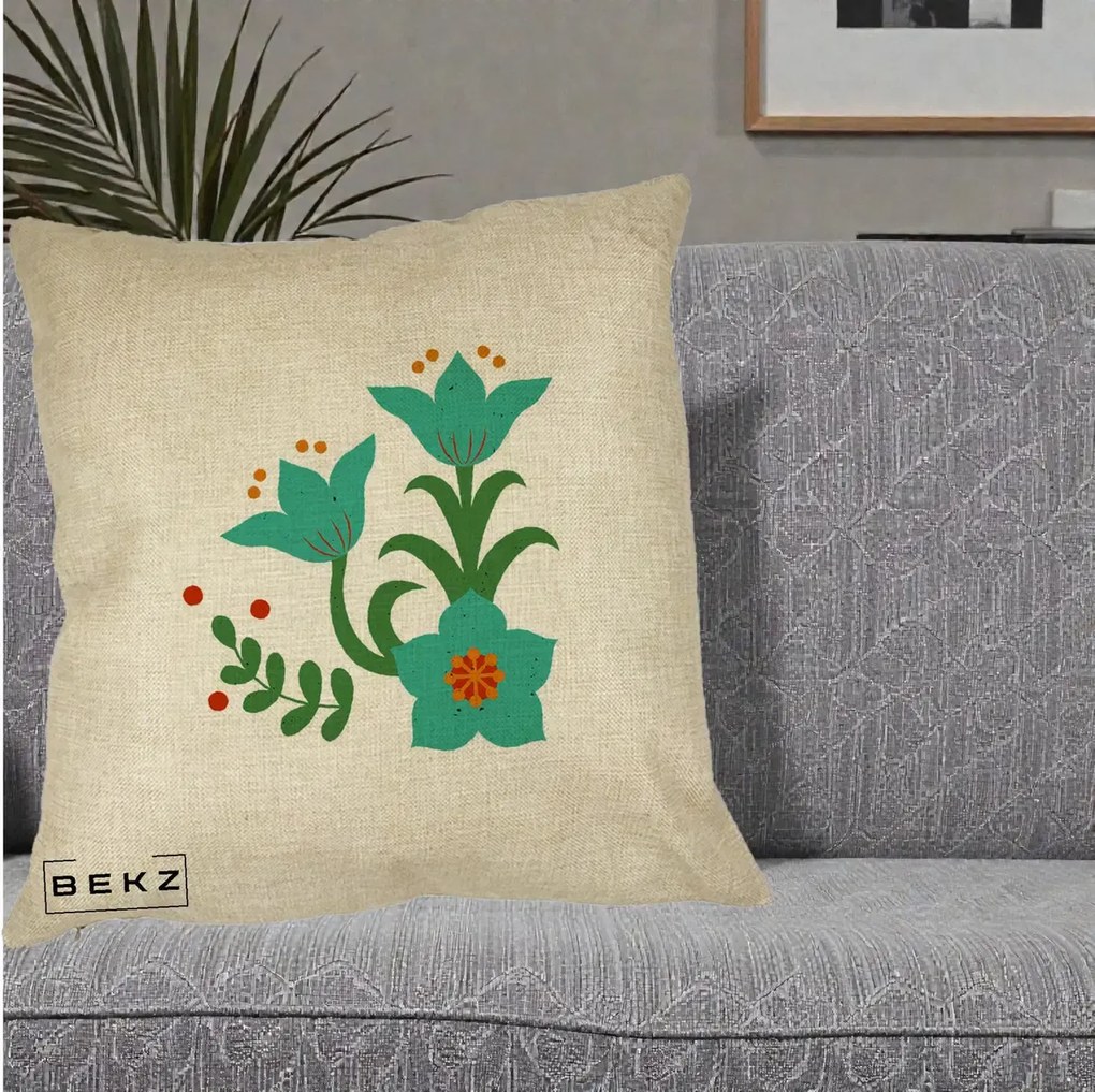 Perna Decorativa Flori Stilizate Folk Turcoaz, 40x40 cm, Crem, Husa Detasabila, Perna Inclusa, BEKZ®