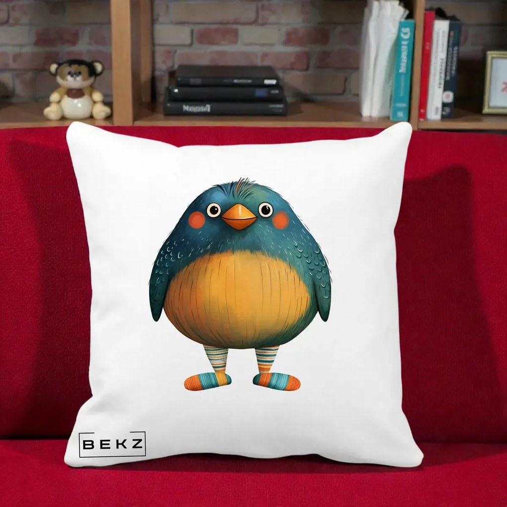 Perna Decorativa Pasare Teal cu Sosete Dunghi, 40x40 cm, Alba Mata, Husa Detasabila, Perna Inclusa, BEKZ®