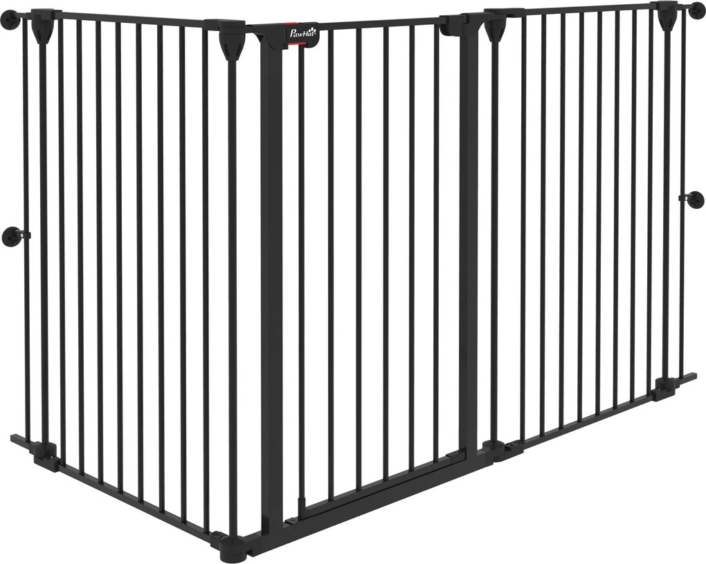 PawHut Poartă pentru Câini cu 3 Panouri și Sistem Dublu de Închidere, Barieră pentru Câini pentru Scări, Uși, Holuri, 206x90 cm, Negru | Aosom Romania