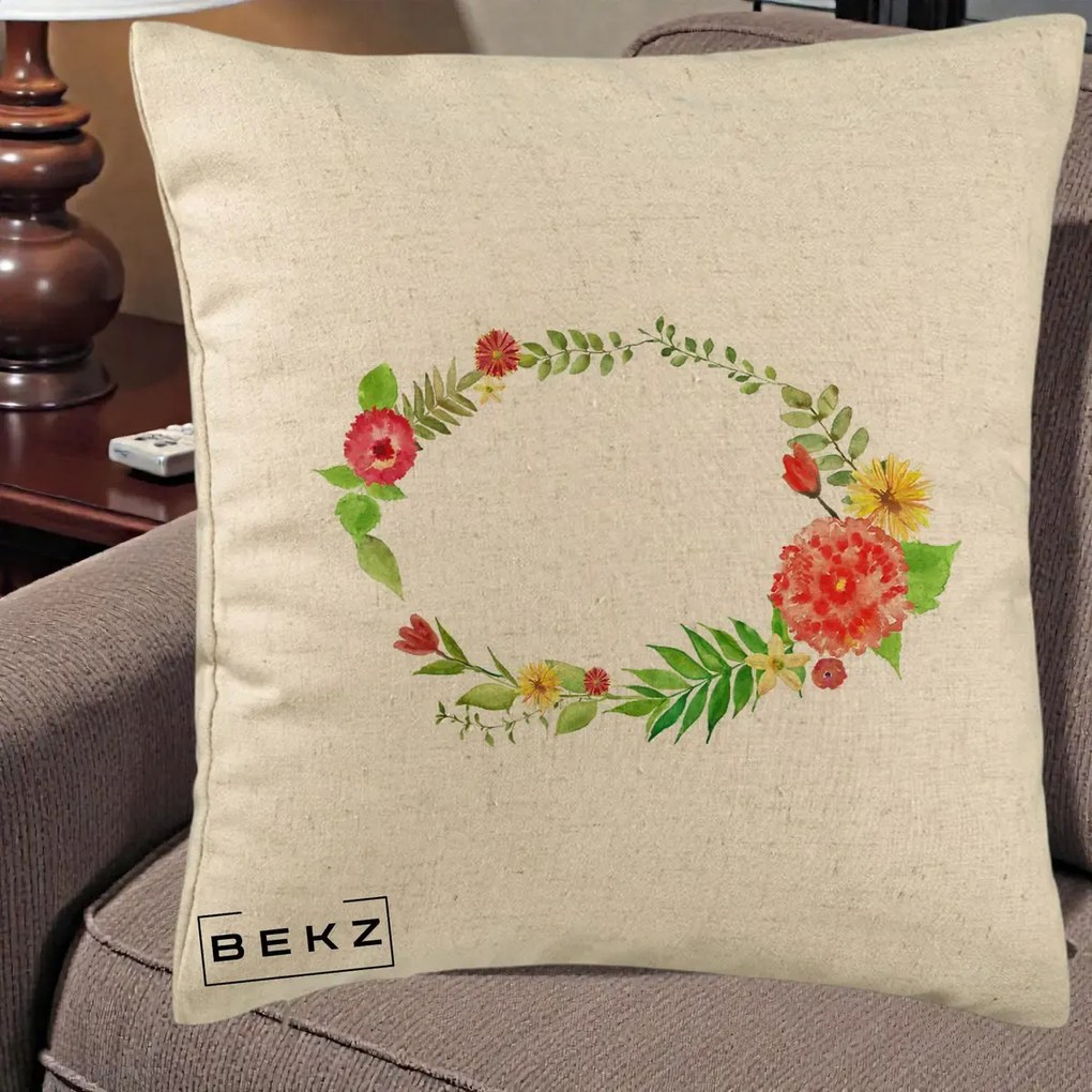 Perna Decorativa Coroana Florala Acuarela, 40x40 cm, Bej, Husa Detasabila, Perna Inclusa, BEKZ®
