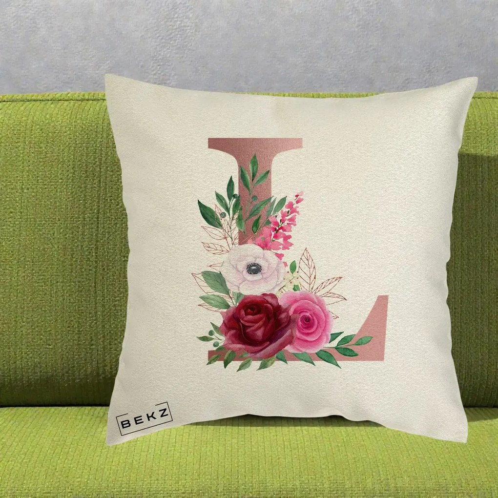 Cadou Personalizat - Perna Personalizata Monograma Rose Gold Litera L, 40x40 cm, Ecru, Husa Detasabila, Perna Inclusa, BEKZ®