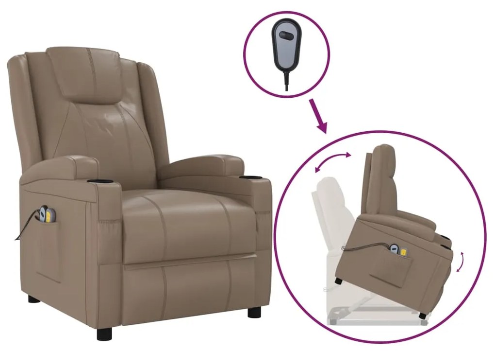 3100335 vidaXL Fotoliu masaj cu ridicare verticală, cappuccino piele ecologică