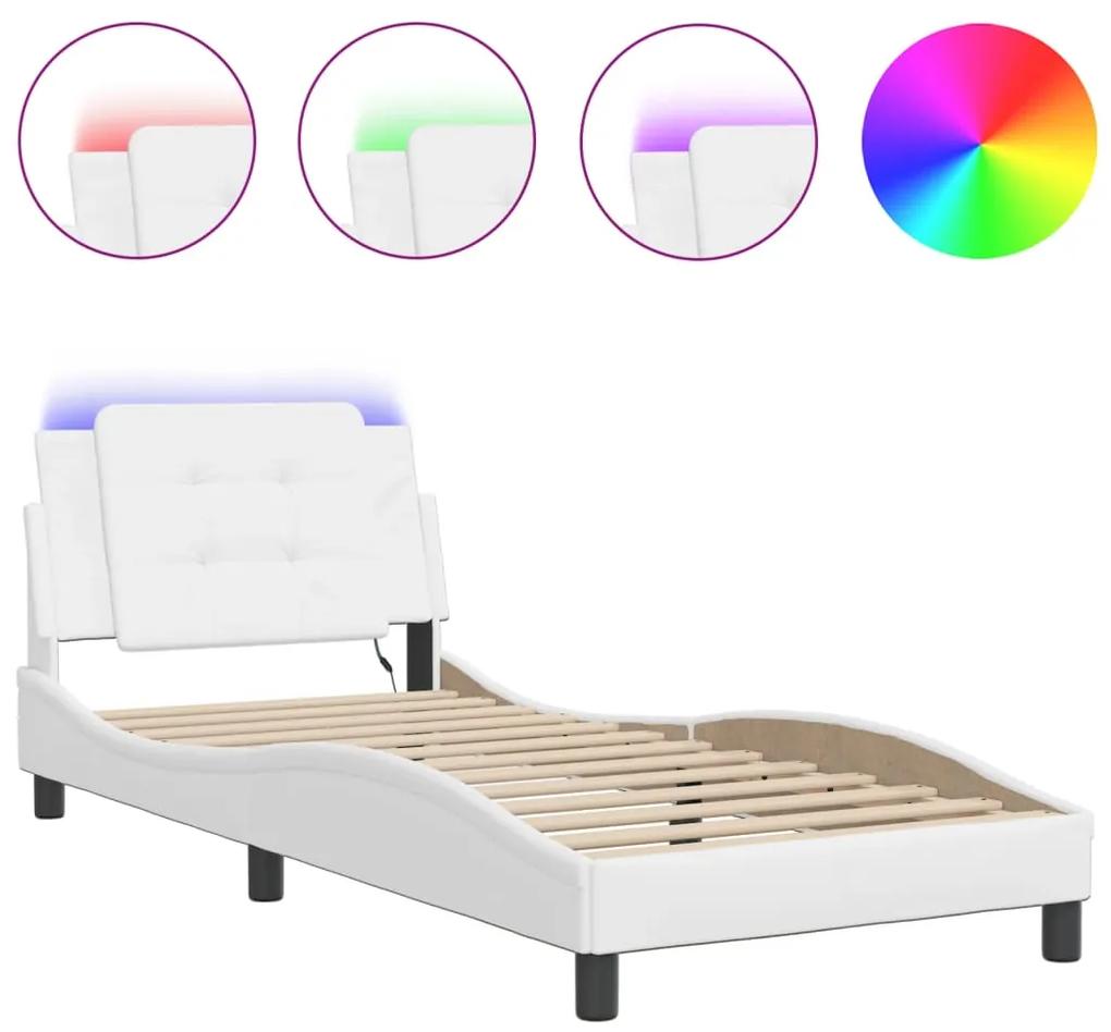 3214090 vidaXL Cadru de pat cu lumini LED, alb, 100x200 cm, piele ecologică