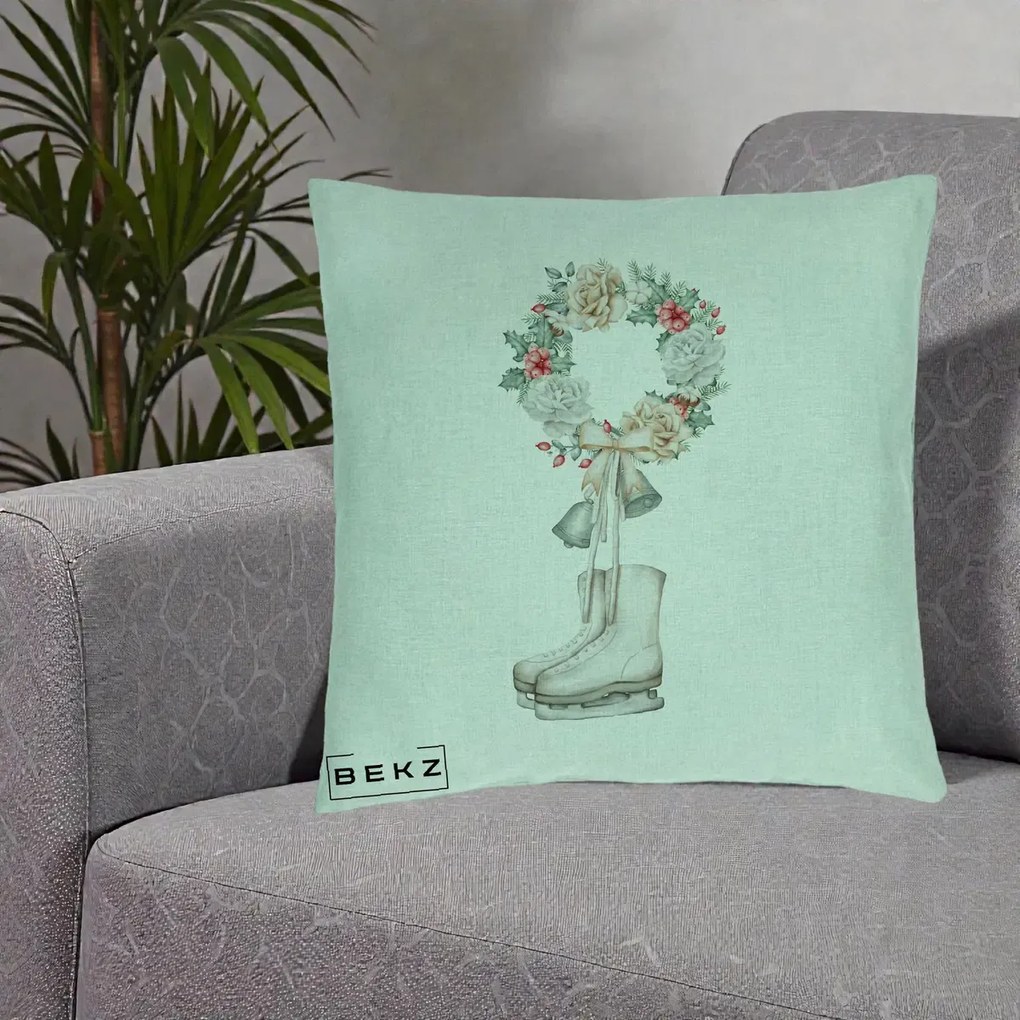 Perna Decorativa Patine cu Coroana Florala de Craciun, 40x40 cm, Verde Menta, Husa Detasabila, Perna Inclusa, BEKZ®
