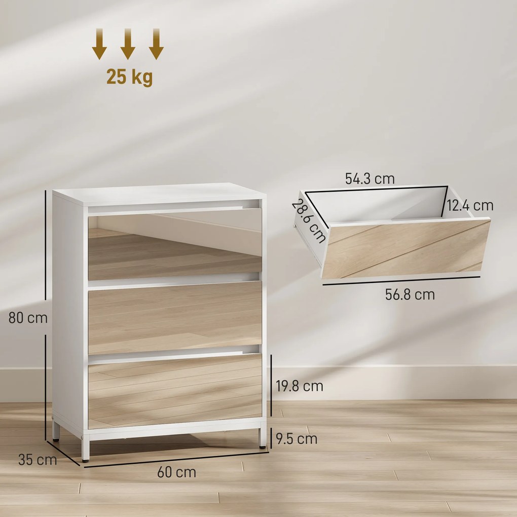 HOMCOM Comodă cu 3 Sertare și Fronturi Oglindă, Design Modern pentru Dormitor sau Hol, 60x35x80 cm, Albă | Aosom Romania
