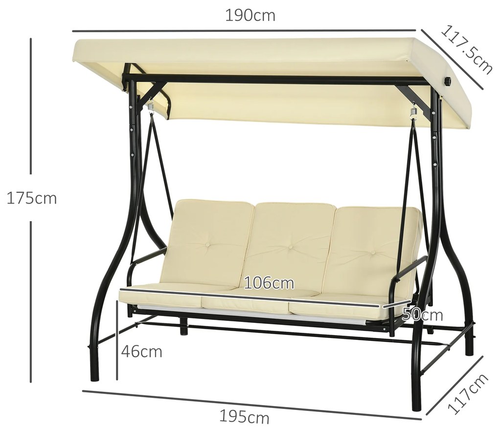 Outsunny Balansoar de Gradina 3 Locuri, Balansoar Pat pentru Exterior cu Copertina Reglabila, din Metal si tesut Teslin, Bej si Negru