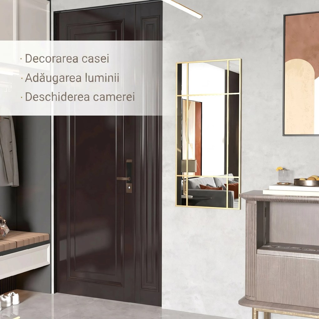 HOMCOM Oglindă de Perete Dreptunghiulară, Oglindă Tip Fereastră cu Cadru Metalic, Oglindă Decorativă Suspendată, 110x2x50 cm, Auriu | Aosom Romania