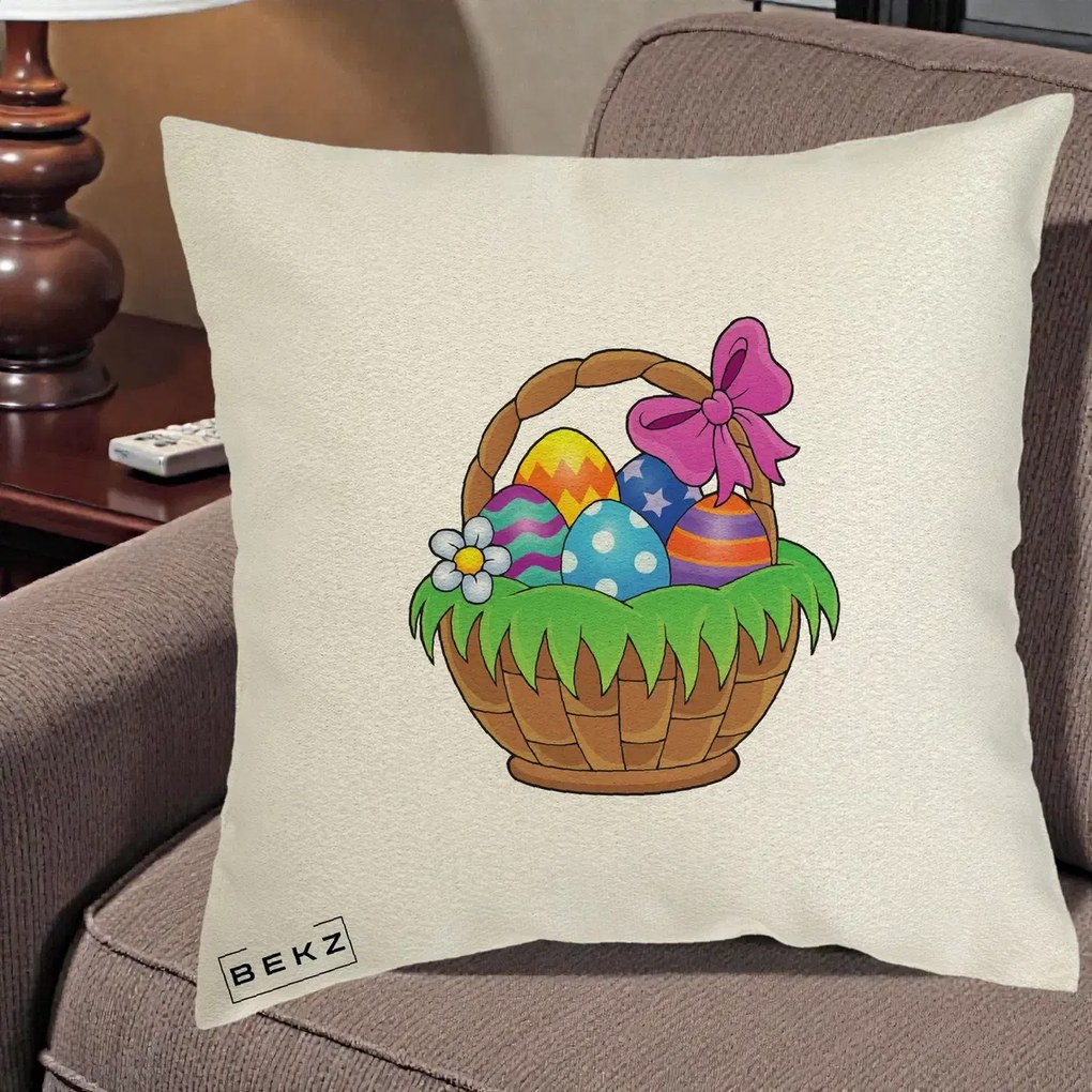 Perna Decorativa Cos cu Oua de Pasti Colorat, 40x40 cm, Ecru, Husa Detasabila, Perna Inclusa, BEKZ®