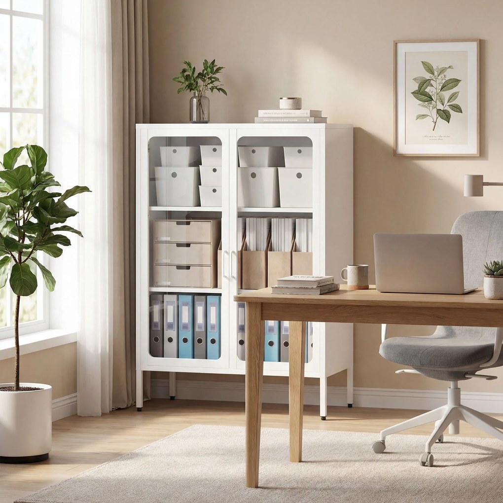 HOMCOM Dulap pentru Documente din Oțel cu 2 Uși din Sticlă Securizată, Dulap de Birou cu Rafturi Reglabile, Dulap Multifuncțional pentru Depozitare, Birou, Cameră de Studii, Casă, 80x40x110 cm, Alb | Aosom Romania