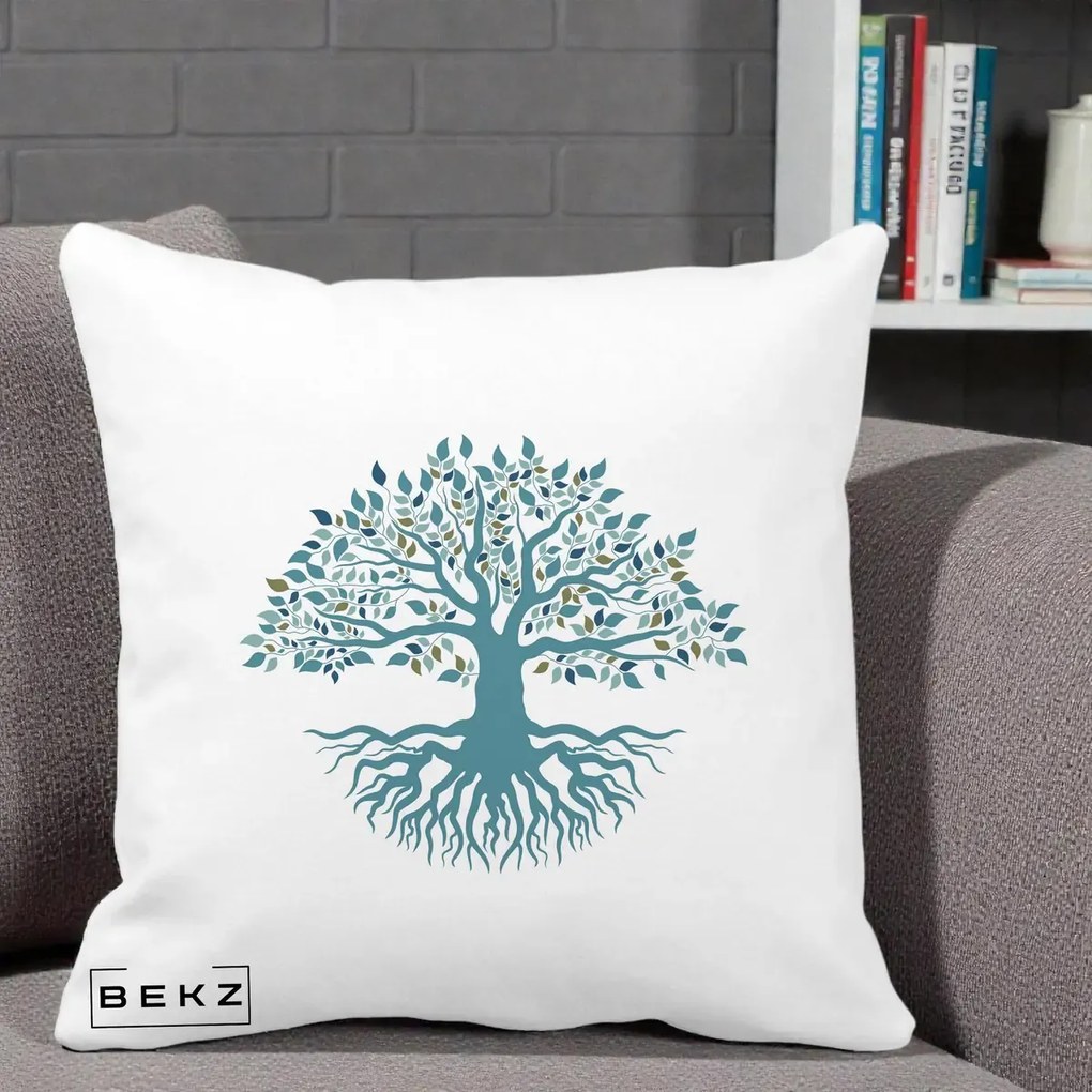 Perna Decorativa Copacul Vietii Teal cu Radacini, 40x40 cm, Alba Mata, Husa Detasabila, Perna Inclusa, BEKZ®