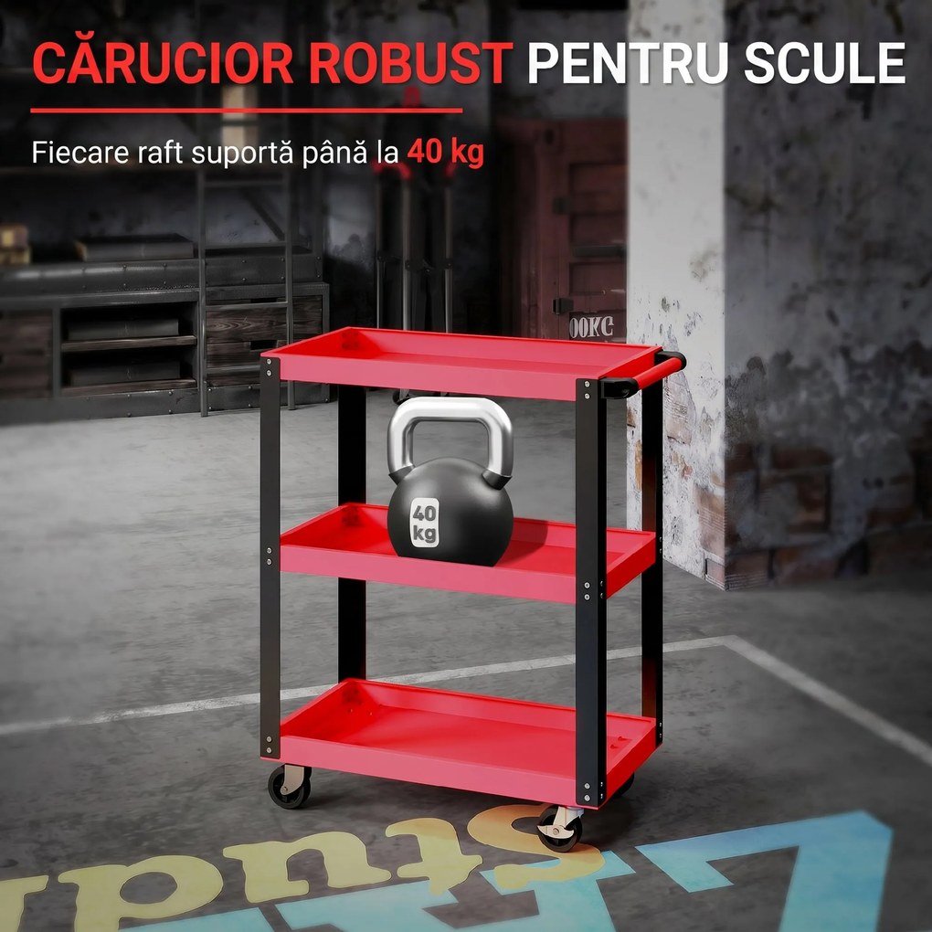 HOMCOM Cărucior Porta Unelte cu 3 Rafturi din Metal și PP, 70.5x35x82.5 cm, Roșu și Negru | Aosom Romania