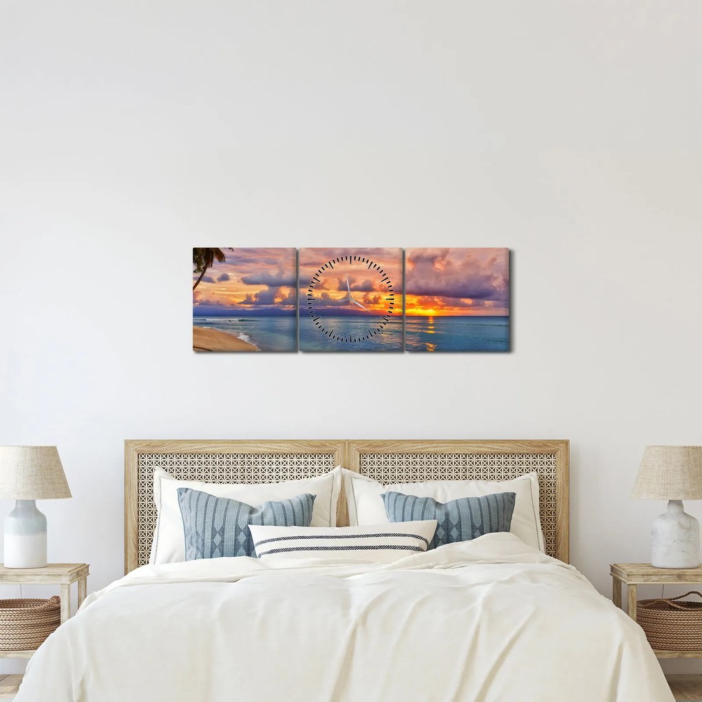 Tablou - Apus de soare la plajâ (cu ceas) (90x30 cm)