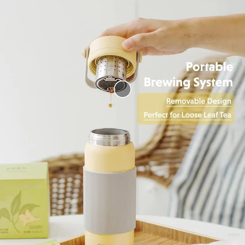 Termos cu infuzor Buydeem CD1011-MY, 400 ml, Rezistent la scurgeri, Infuzor detasabil, Otel inoxidabil, Maner, Galben